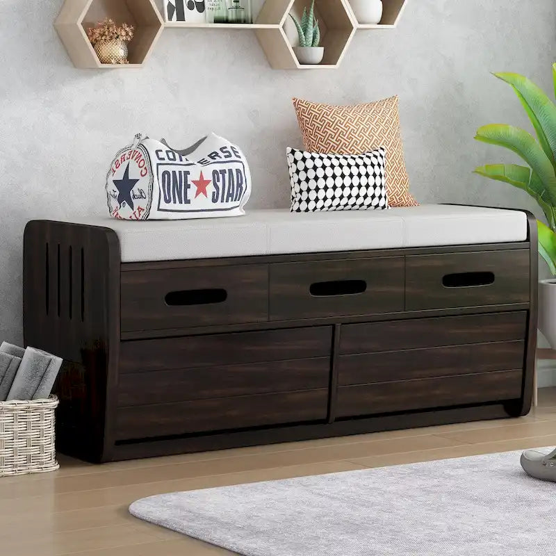 Rustic Storage Bench with 2 Drawers, Hidden Storage Space, and 3 False Drawers at the Top, Shoe Bench for Living Room