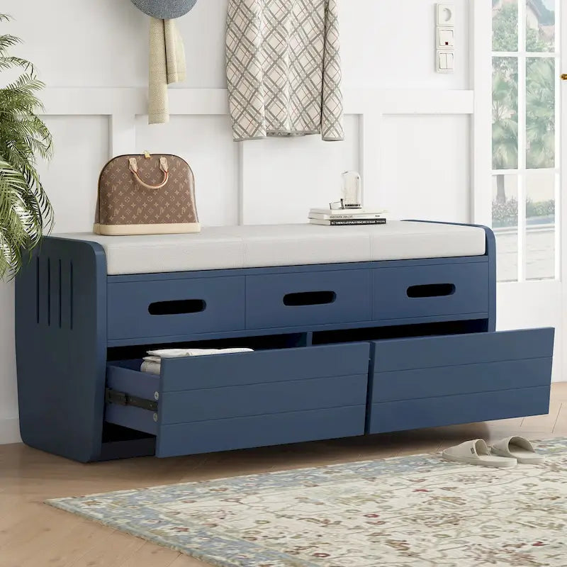 Rustic Storage Bench with 2 Drawers, Hidden Storage Space, and 3 False Drawers at the Top, Shoe Bench for Living Room