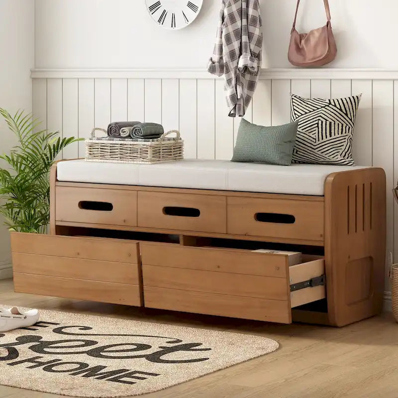 Rustic Storage Bench with 2 Drawers, Hidden Storage Space, and 3 False Drawers at the Top, Shoe Bench for Living Room