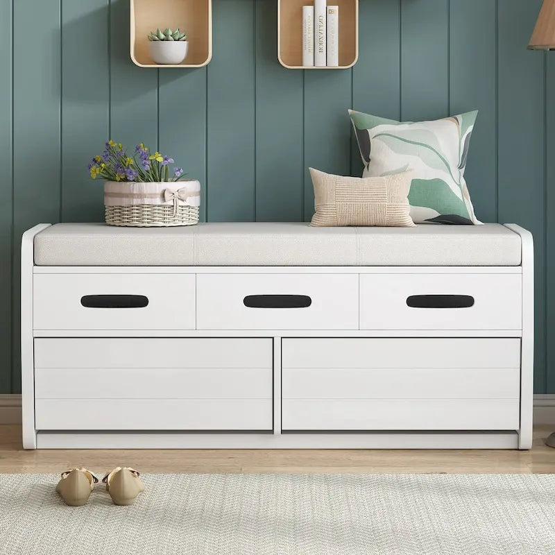 Rustic Storage Bench with 2 Drawers, Hidden Storage Space, and 3 False Drawers at the Top, Shoe Bench for Living Room
