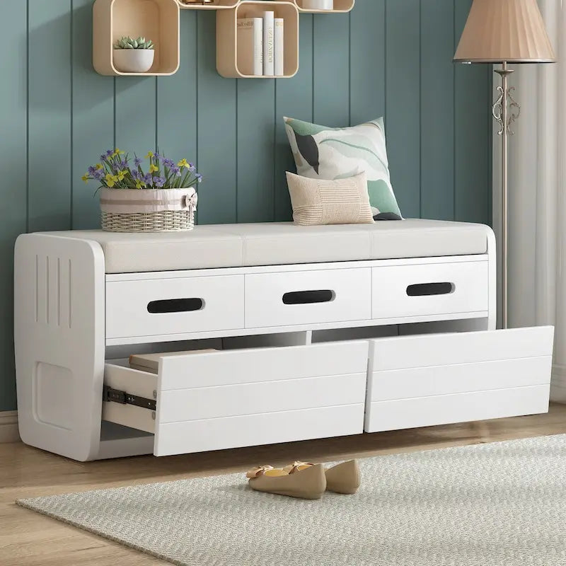 Rustic Storage Bench with 2 Drawers, Hidden Storage Space, and 3 False Drawers at the Top, Shoe Bench for Living Room