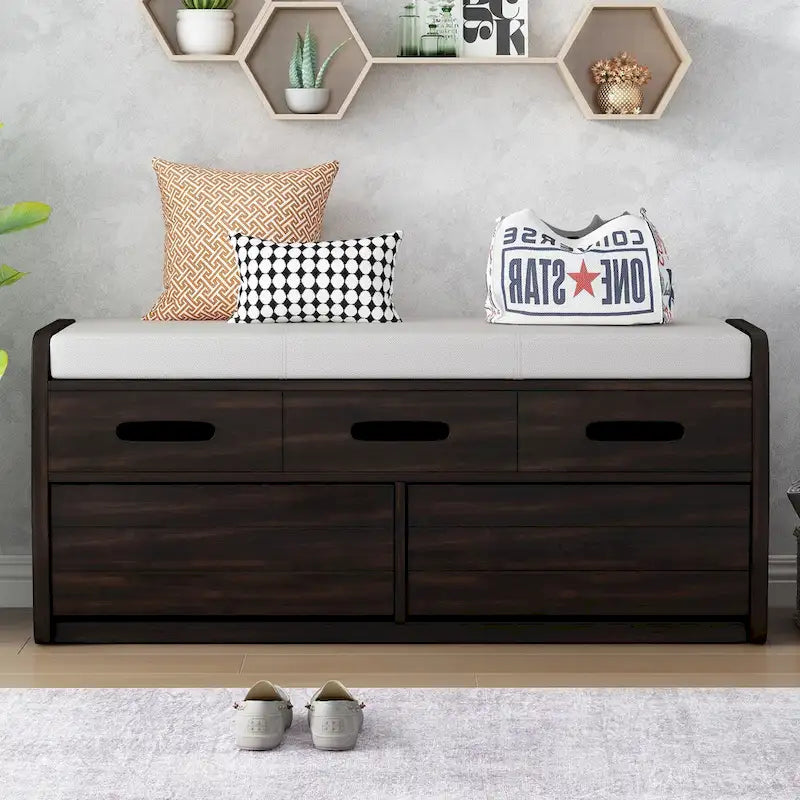 Rustic Storage Bench with 2 Drawers, Hidden Storage Space, and 3 False Drawers at the Top, Shoe Bench for Living Room