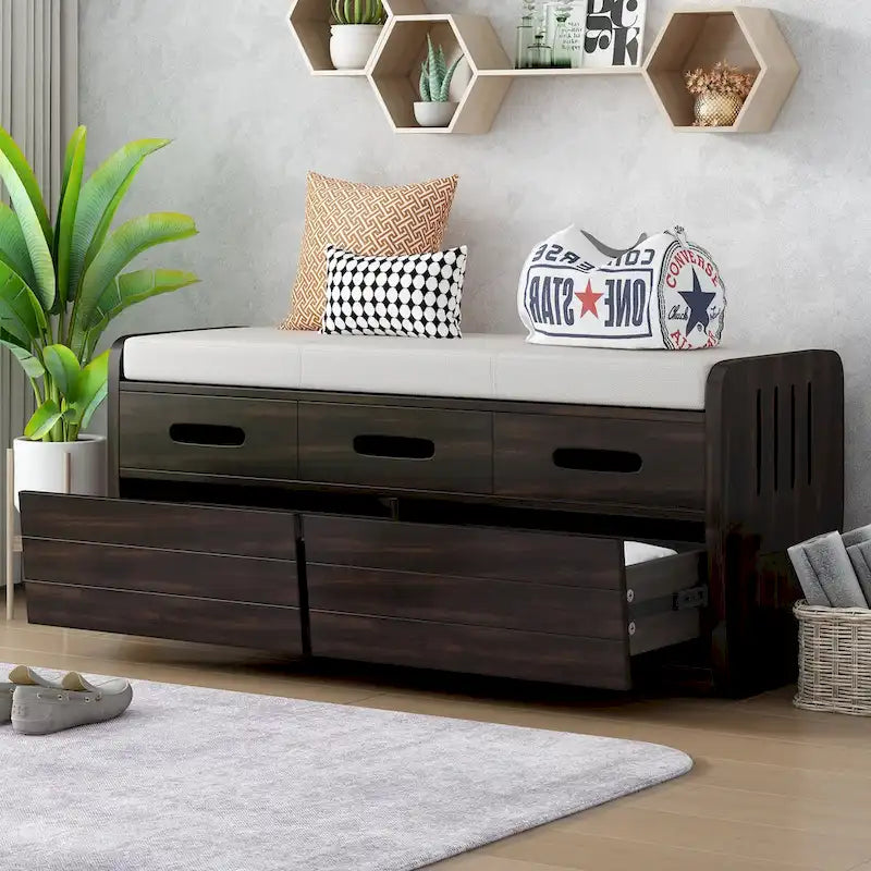 Rustic Storage Bench with 2 Drawers, Hidden Storage Space, and 3 False Drawers at the Top, Shoe Bench for Living Room