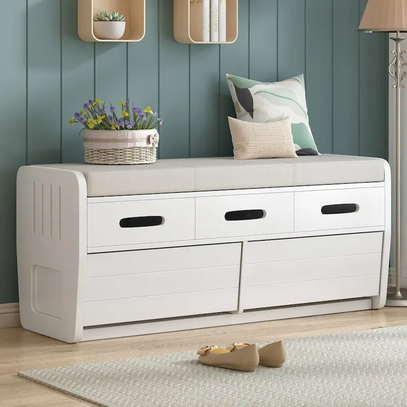 Rustic Storage Bench with 2 Drawers, Hidden Storage Space, and 3 False Drawers at the Top, Shoe Bench for Living Room