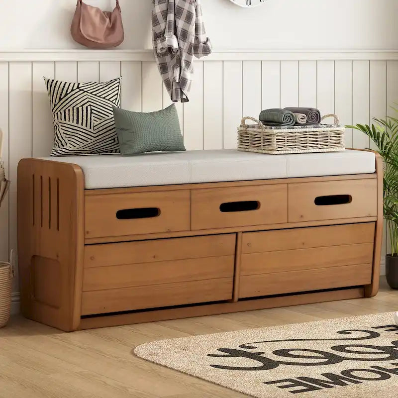 Rustic Storage Bench with 2 Drawers, Hidden Storage Space, and 3 False Drawers at the Top, Shoe Bench for Living Room
