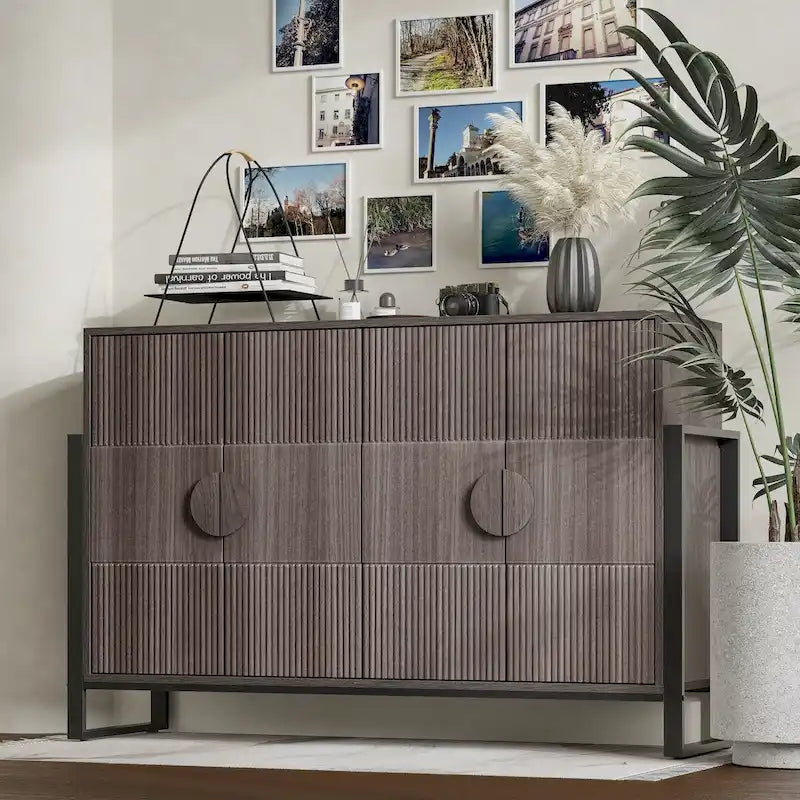 Storage Cabinet Fluted Sideboard with 4 Doors, Modern Farmhouse Buffet Cabinet with Adjustable Shelves, Grey Wash