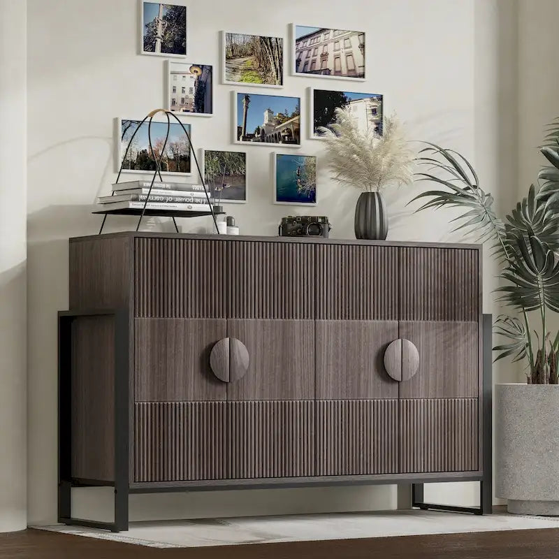Storage Cabinet Fluted Sideboard with 4 Doors, Modern Farmhouse Buffet Cabinet with Adjustable Shelves, Grey Wash