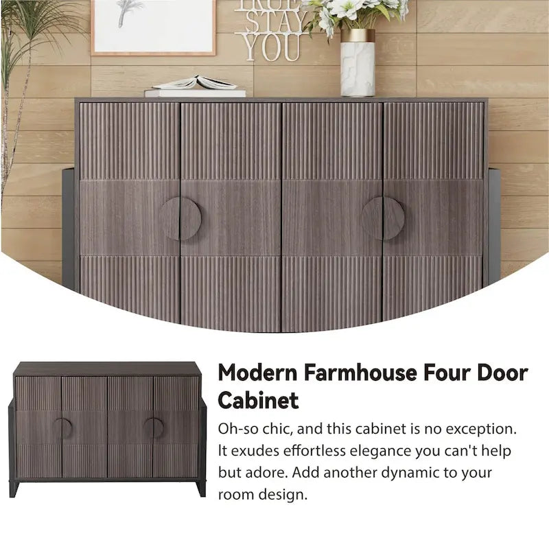 Storage Cabinet Fluted Sideboard with 4 Doors, Modern Farmhouse Buffet Cabinet with Adjustable Shelves, Grey Wash