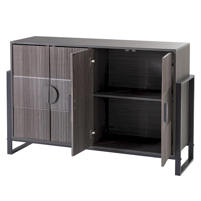 Storage Cabinet Fluted Sideboard with 4 Doors, Modern Farmhouse Buffet Cabinet with Adjustable Shelves, Grey Wash
