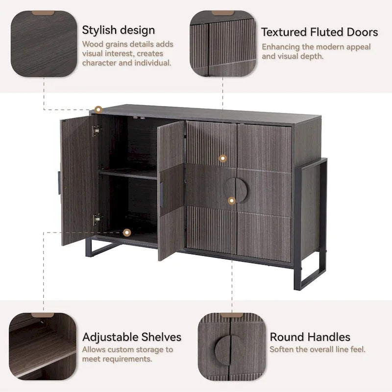 Storage Cabinet Fluted Sideboard with 4 Doors, Modern Farmhouse Buffet Cabinet with Adjustable Shelves, Grey Wash