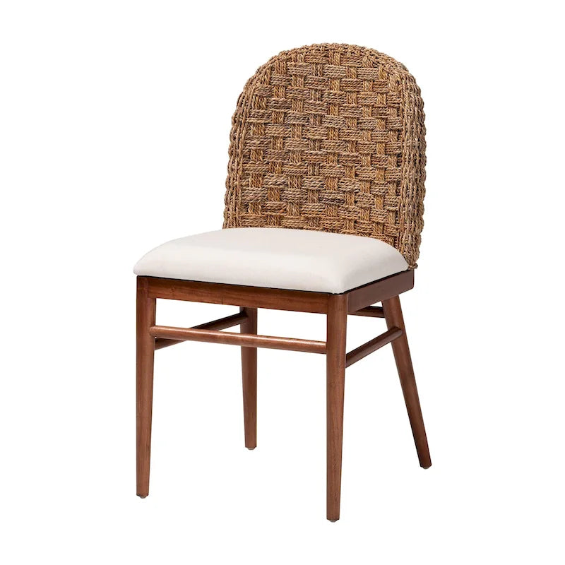 Modern Bohemian Walnut Brown Finished Acacia Wood and Seagrass Dining Chair