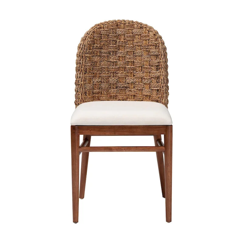 Modern Bohemian Walnut Brown Finished Acacia Wood and Seagrass Dining Chair