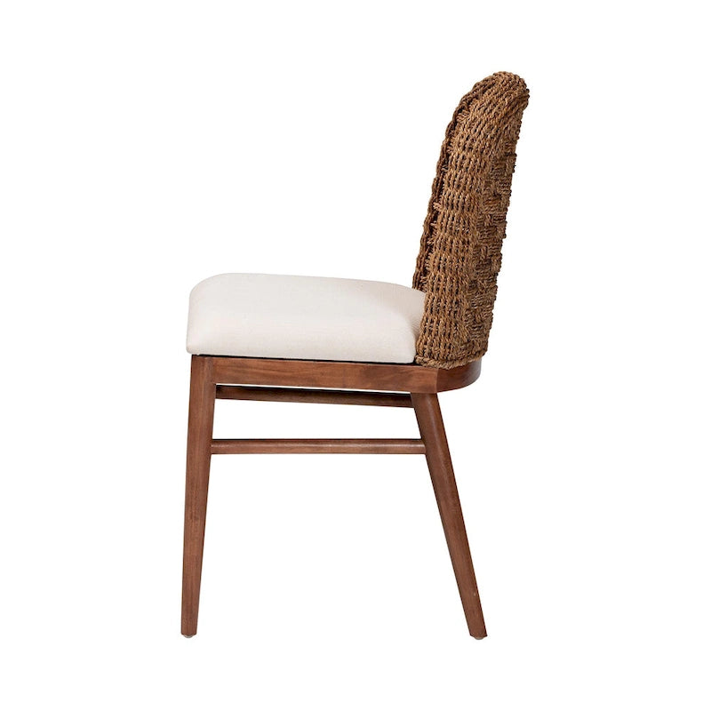Modern Bohemian Walnut Brown Finished Acacia Wood and Seagrass Dining Chair