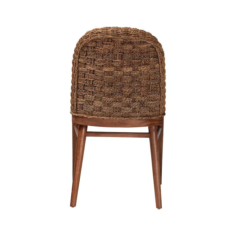 Modern Bohemian Walnut Brown Finished Acacia Wood and Seagrass Dining Chair