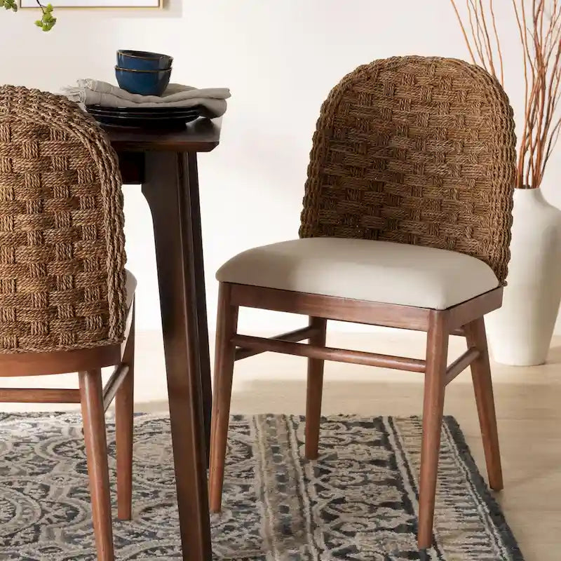 Modern Bohemian Walnut Brown Finished Acacia Wood and Seagrass Dining Chair