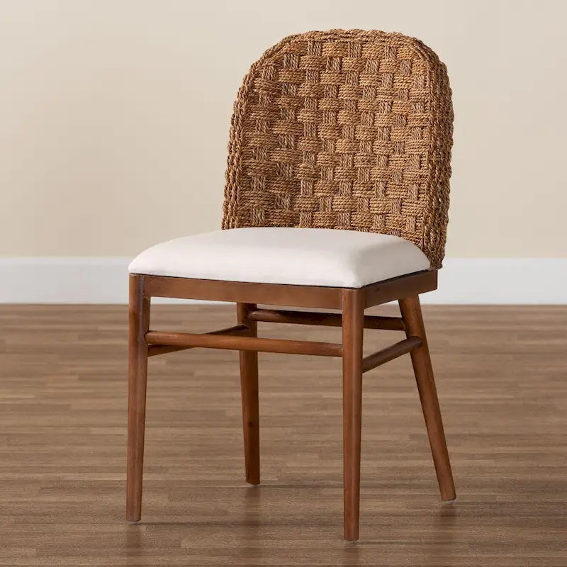 Modern Bohemian Walnut Brown Finished Acacia Wood and Seagrass Dining Chair