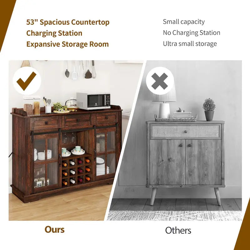 53 Barn Door Buffet Coffee Bar Cabinet with Wine Rack, Kitchen Sideboard Storage Cabinet